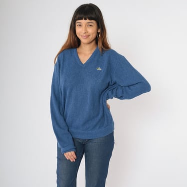 Vintage 80s Izod Lacoste Sweater Blue V Neck Slouchy Pullover Jumper Knit 1980s Preppy Tennis Sweater Crocodile Retro Extra Large xl 