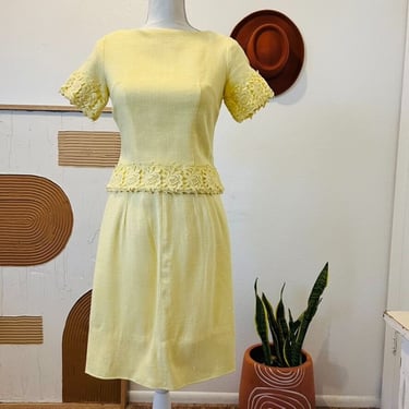 Vintage 60s Union Made Yellow Textured Crochet Floral Lace Two Piece Skirt Set 