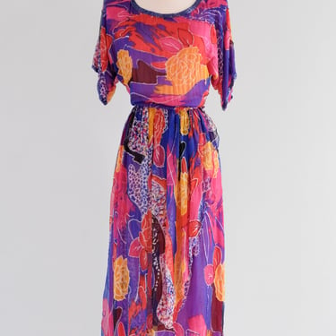 Coolest 1980's Tropical Sunrise Beaded Silk Party Dress / Sz L
