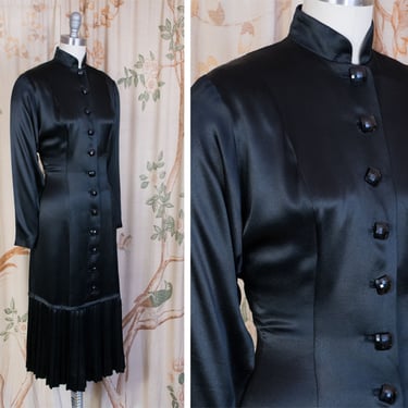 1930s Dress - The Zora Dress -  Wicked Vintage 30s Black Charmeuse Satin Batwing Dress with Pleated Hem 