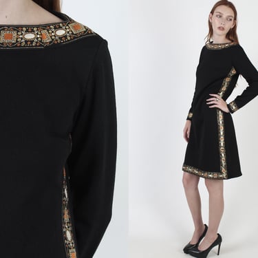 1970s Embroidered Gold Metallic Shift Dress, Vintage Cocktail Party Frock, Ancient Roman Inspired Evening Dress 