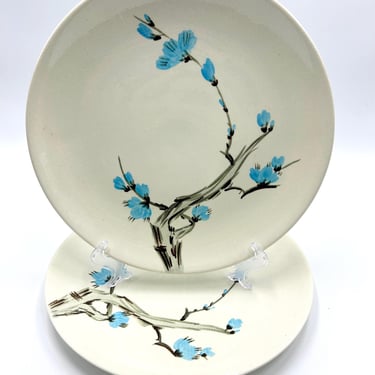 Vintage Red Wing Pottery Driftwood Dinner Plate, SET of 2 PLATES, Blue Flower, Branch, MCM 1953-1962 Dinnerware 