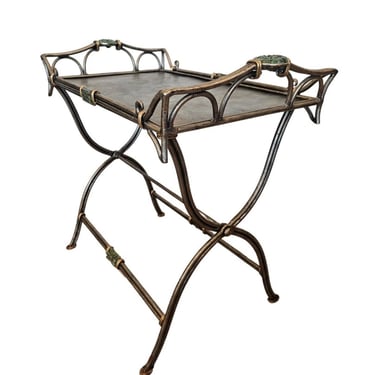 Vintage Sculptural Silver-tone Iron Metal Serving Tray Table - Folding Curule Cocktail Drinks Bar Cart Server Table 