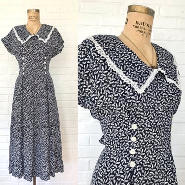 1990's Navy + White Floral Lace Collar Midi Dress 