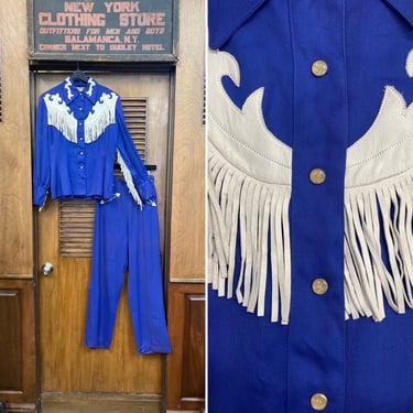 Vintage 1940’s Ranch-Maid Western Cowboy Fringe Gabardine Rockabilly Two Piece Shirt Pants, Pant Suit, Western, Cowboy, 1950s, Fringe 