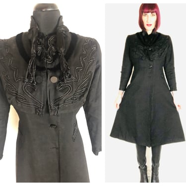 Antique Edwardian 1900's Black Wool Overcoat w/ Soutache Cording and Fringe Tassels - size Small 