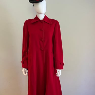Flared Back For Attention - Vintage 1940s 1950s Red Gaberdine Long Coat w/Deco Details - M/L 