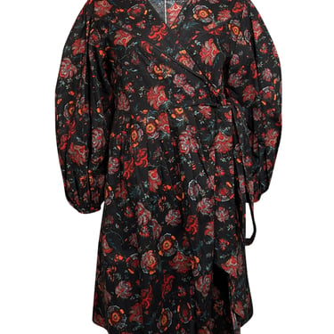 Diane von Furstenberg - Black w/ Red Floral Print Poplin Wrap Dress Sz 8