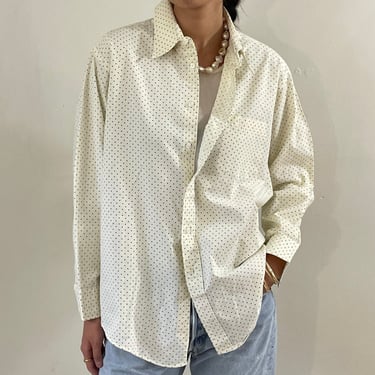 80s Dior button down shirt / vintage Christian Dior Monsieur white cotton polkadot oversized mens boyfriend monogram shirt | Large 