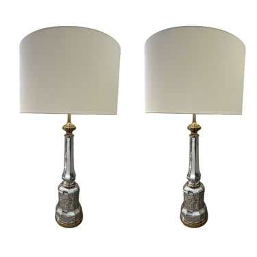 vintage pair of nickel & brass art deco skyscraper  pair table lamps white shade streamline 1940s 