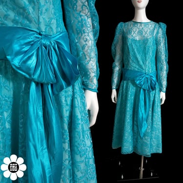 Pretty Vintage 70s 80s Blue Lace Bridesmaid Dress with Large Satin Sash 