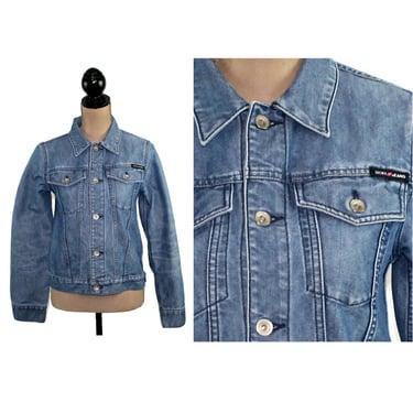 S 90s DKNY Denim Jacket Small, Jean Trucker Biker Boyfriend Hipster, Chest Pockets Faded Acid Stone Washed, 1990s Clothes Women Vintage 