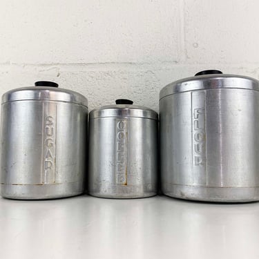 Vintage Brushed Aluminum Canisters Coffee Sugar Flour Canister Metal Lid Plastic Handle Jar Retro Kitchen Art Deco 1950s 50s 1940s Set of 3 