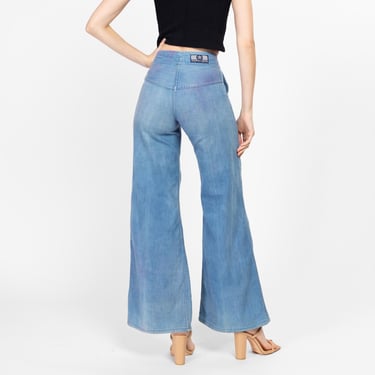 XS 70s High Waisted Distressed Flared Jeans 24.5" | Boho Vintage Denim Hippie Bell Bottoms 