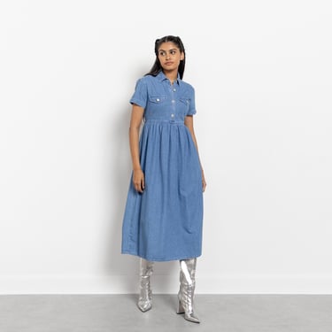 DENIM BABYDOLL DRESS Sundress 90's Midi Cotton Dress Short Sleeves Summer / Small 