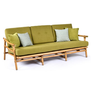 Restored John Wisner for Ficks Reed Vintage Rattan Sofa With New Green Cushions 