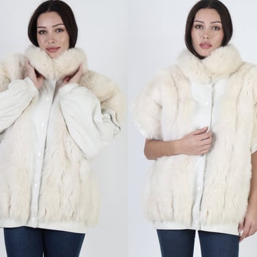 Arctic Fox Fur Coat / Real Fur Jacket With Removable Sleeves / Vintage 80s Off White Corded Chubby Fur / White Leather Short Vest 