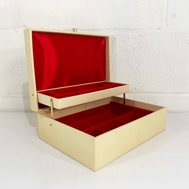Vintage Ivory Mele Style Jewelry Box Beige White Red Gold Floral Hard Case Velvet Vanity Storage 1950s 