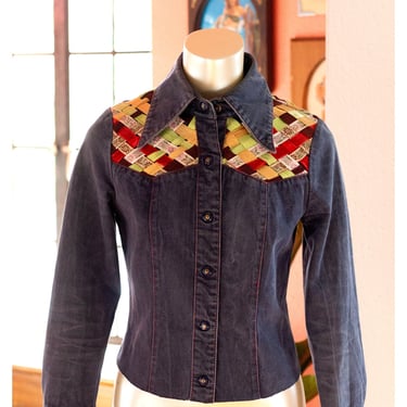Vintage Western-Style Chambray Blouse with Woven Ribbon Yoke - 1970s - Allie Flynn for Evan Roberts - Jean Jacket 