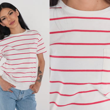 80s Striped Shirt White Pink T-Shirt Retro Short Sleeve Shirt Crewneck Pocket Top Banded Hem Basic Casual Simple Tee Vintage 1980s Small S 