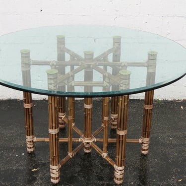 Hollywood Regency Bamboo and Steel Round Glass Top Dining Table 2854