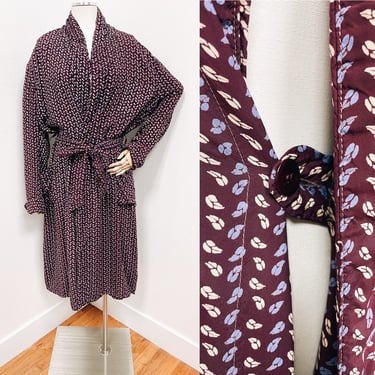 1940s Luxurious Cold Rayon Purple Robe w Leaf Print Made of Marvin-Tex Fabrics Large - Unisex | Vintage, 1950s, Retro, Loungewear 