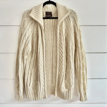 Vintage 1970s Beige Cable Knit Fisherman Sweater with Zipper and Pockets Boho Bohemian Sweater 