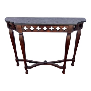 Vintage Early 20th Century Tudor Style Oak Slate Top Petite Console Entryway Table 