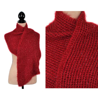 Hand Knit Red Shawl Wrap, Evening Sparkly Red Scarf Wide, Knitted Accessories, Handmade Women Gift Idea for the Christmas Holiday Season 
