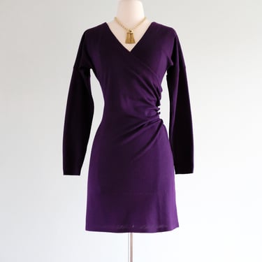 Vintage 1980's Plum Wool Jersey Wrap Style Mini Dress By Betsey Johnson / M