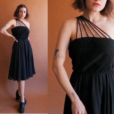 Vintage 70s One Shoulder Strappy Black Dress/ Size Small 