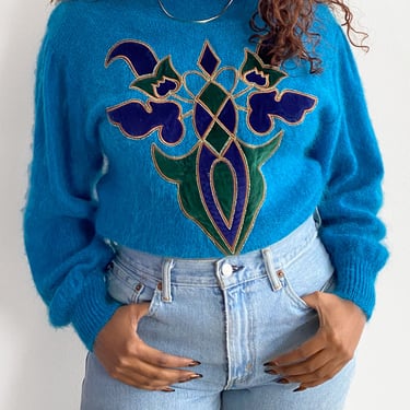 Blue Mohair Sweater with Velvet Pattern
