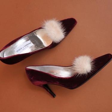 Dolce & Gabbana Velvet Pumps with Fur Trim/ Holiday Heels/ Dark Red Velvet Shoes/ Size 37.5 7.5 