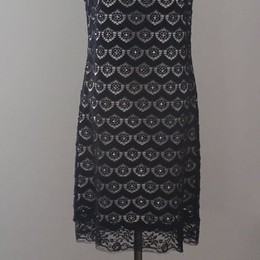 Black, White and Sparkly All Over - Scallops Lace and Rhinestone Detail Sheath Dress - Medium - Size 6 - 8 