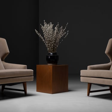 Modern Wingback Chairs in Mohair / Cube Side Table