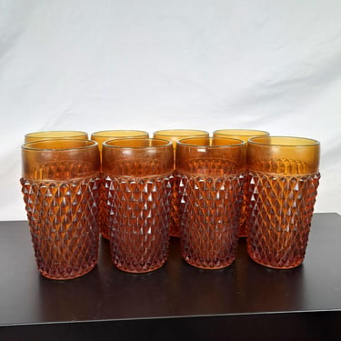 Vintage 70s Amber Brown Cubist Drinking Glasses, Set of 8 