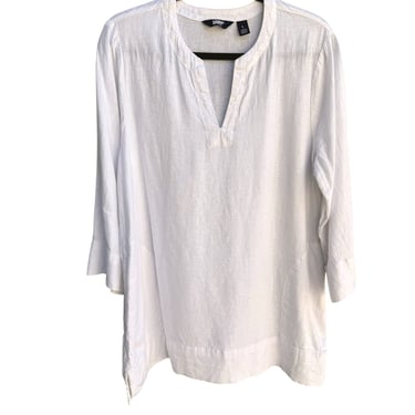 Lands End Womens White 3/4 Sleeve V Neck Linen Viscose Blend Tunic Blouse L
