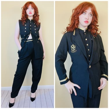 1980s Rayon and Acetate Navy Synari Nautical Suit / 80s 3 Piece Woven Trousers Gold Trim Triple Busted Vest Set / Medium 