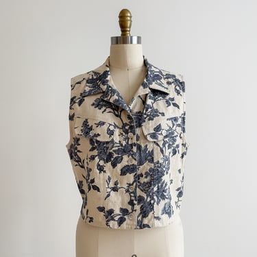floral linen vest 90s vintage chinoiserie toile pattern blue floral cropped vest 