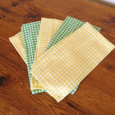 Vintage Gingham Check Cotton Kitchen Tea Towels Green and Yellow lot of 5 Pastel 