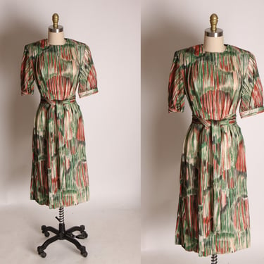 1970s Green, Brown and Cream Earth Tone Painted Style Abstract Half Sleeve Belted Dress -L 