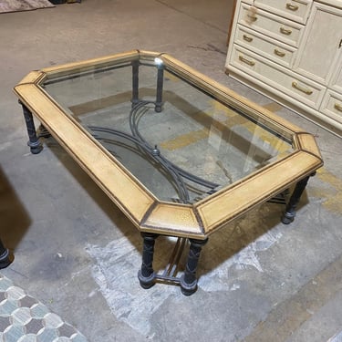 Leather Impressed Coffee Table with Glass Top and Canted Corners