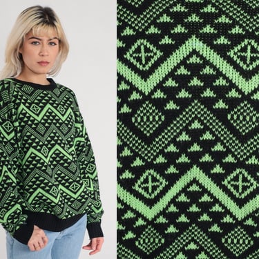 Neon Geometric Sweater 90s Knit Pullover Sweater Wool Blend Lime Green Black Zig Zag Diamond Print Statement Vintage 1990s Mens Small S 