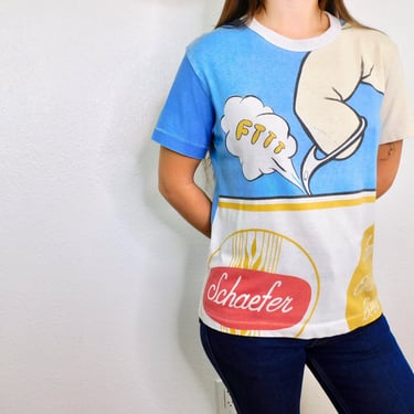 1960’s Schaefer Beer Pop Art Shirt // vintage 60s 1960s cotton boho tee t-shirt t top blouse faded tee-shirt hippy tee // S/M 