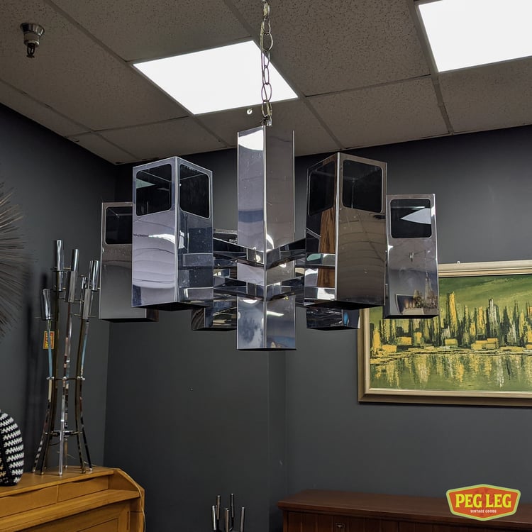 Vintage chrome and smoked glass chandelier by Frederick Raymond Peg