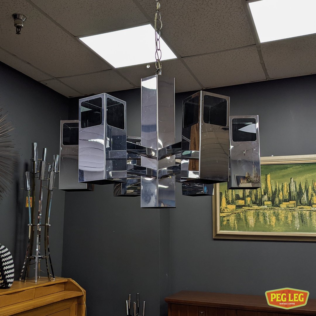 Vintage chrome and smoked glass chandelier by Frederick Raymond Peg