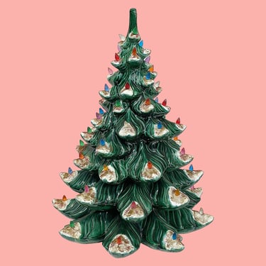 Vintage Ceramic Christmas Tree 1970s Retro XL Size 20.5" H + Atlantic Mold + Green + Flocked Snow + Color Plastic Bulbs + NO BASE + Holiday 