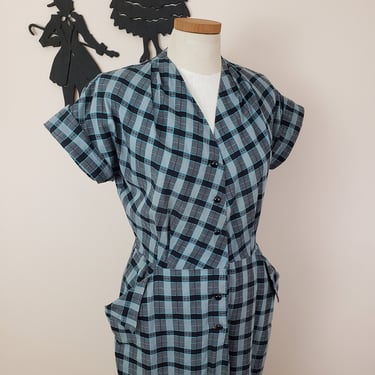 Vintage 1950's Shirt Waist Dress / 50s Plaid Check Day Dress L 