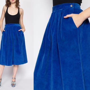 Medium 80s Royal Blue Corduroy Midi Skirt 27.5" | Vintage Plain High Waisted A Line Pocket Skirt 