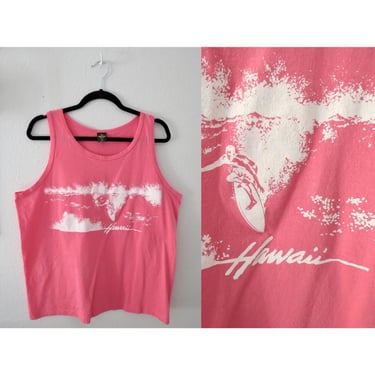 Vintage Hawaii Tank Top - Pink Women's Sleeveless Cotton Blouse - Surfer Surfing Graphic Print - Size XL 